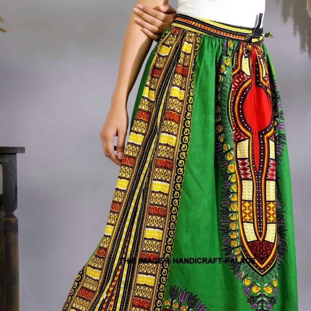 African Print Midi Skirt M A Line Colorful Pockets Elastic Waist Festival Flowy
